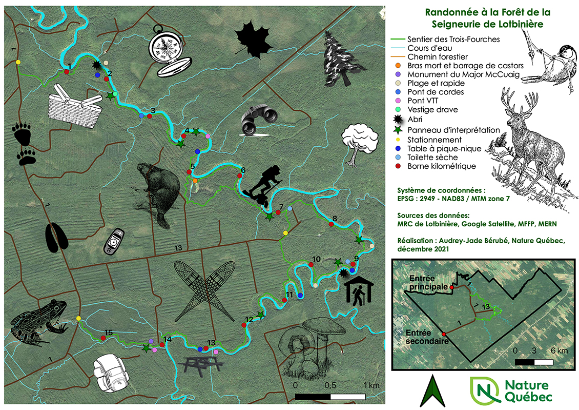 Carte de la forêt seigneuriale de Lotbinière - Sentiers du secteur des Trois-Fourches