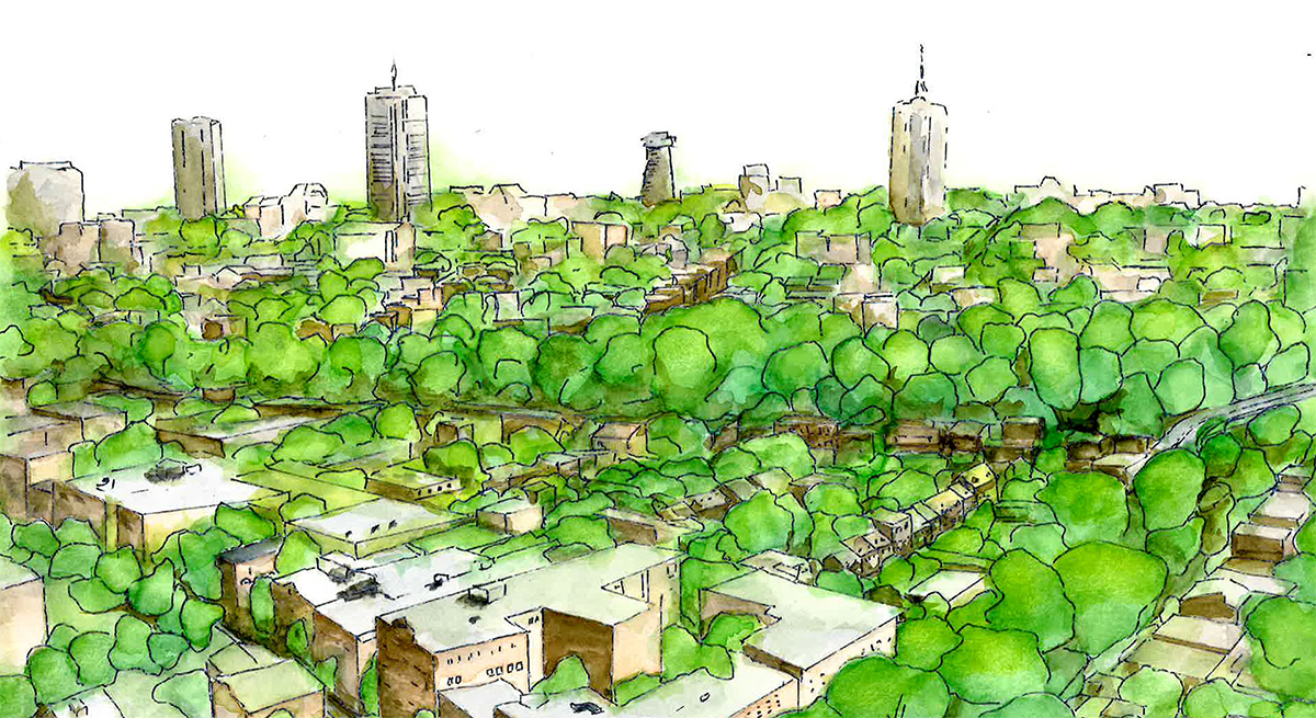 Aquarelle du parc St-Roch à québec par Marie-Christine Mathieu